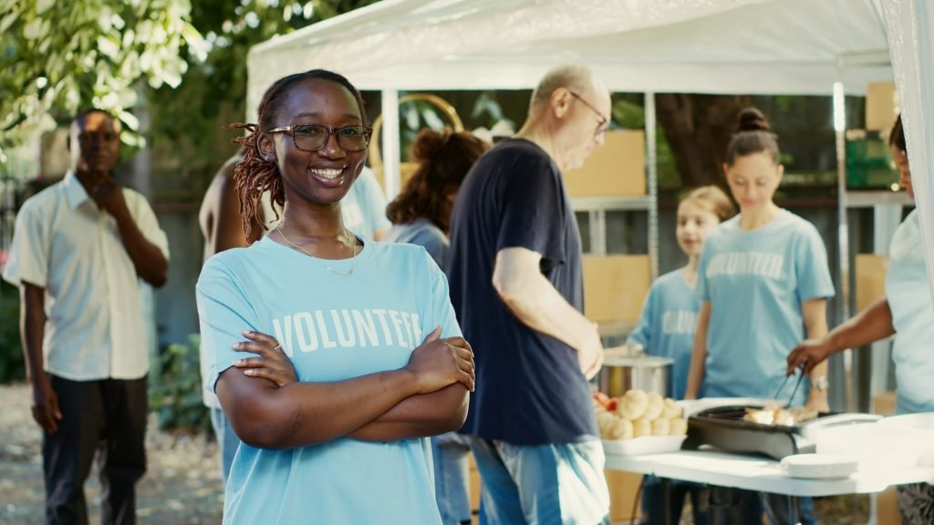 Woman with glasses at a non-profit event